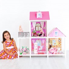 2-этажный кукольный дом с 3 комнатами, мебелью, 3 куклами и велосипедом в наборе
