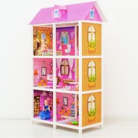 3-этажный кукольный дом с 6 комнатами, мебелью и 3 куклами в наборе