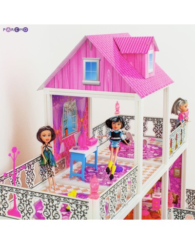 3-этажный кукольный дом с 7 комнатами, мебелью и 3 куклами в наборе