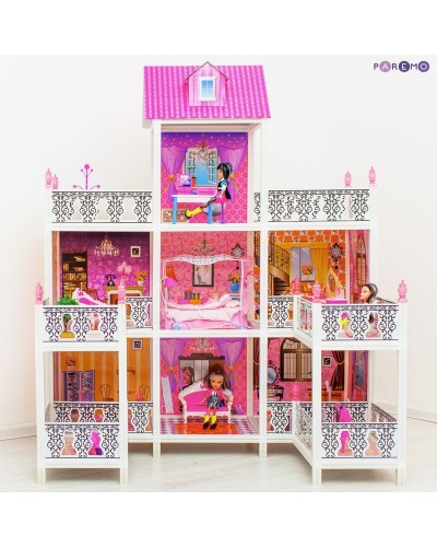 3-этажный кукольный дом с 7 комнатами, мебелью и 3 куклами в наборе